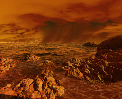 Squall On Titan<br />&quot;A brief squall over one of Titan's methane seas has churned up waves.&quot;