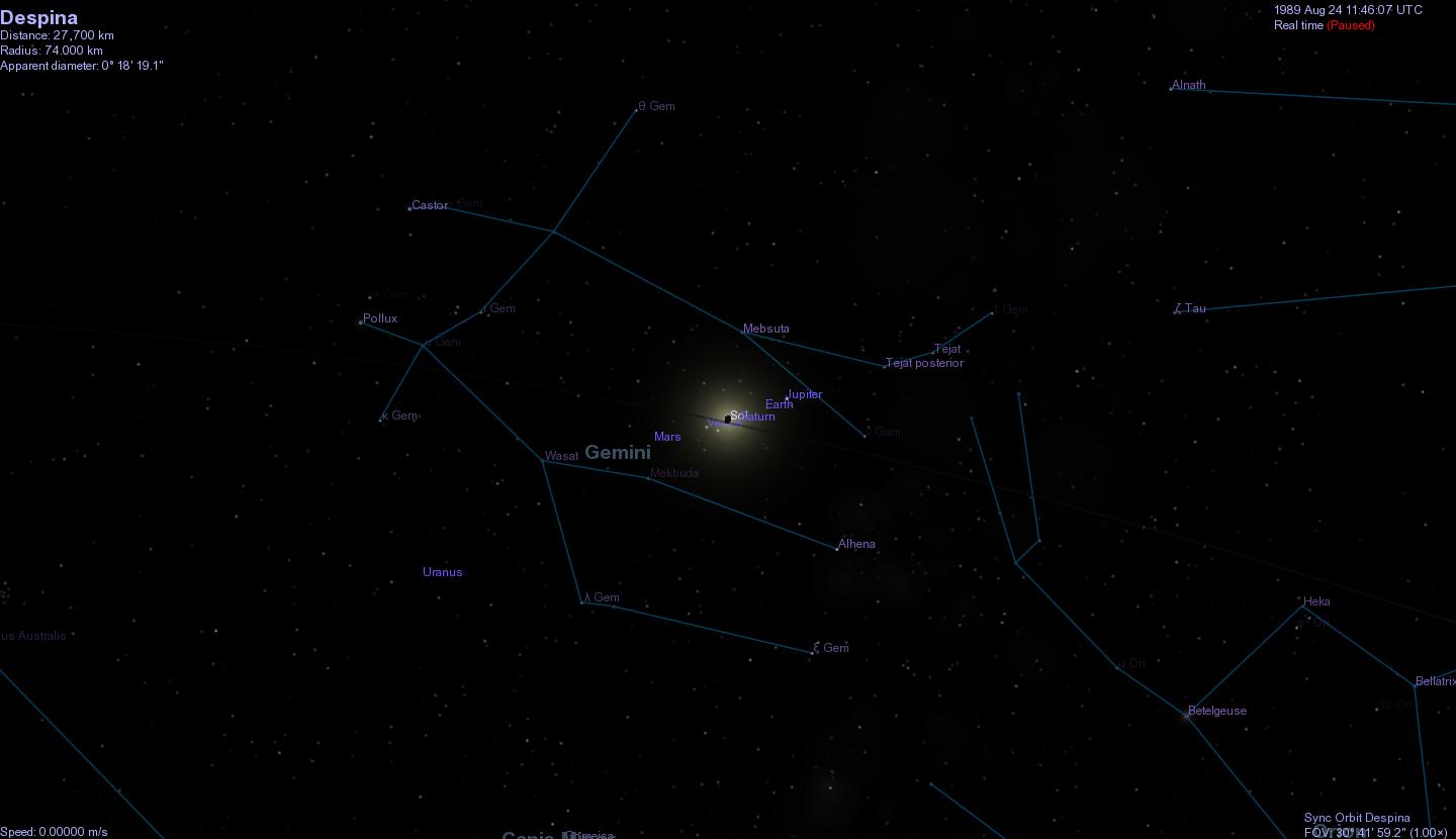 Despina eclipse in Celestia on Aug. 24, 1989 from 27,700 km behind Despina.