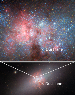 Dust lane feeding gas into NGC 5253  ESA Hubble NASA A Zezas W D Vacca D Calzetti.png