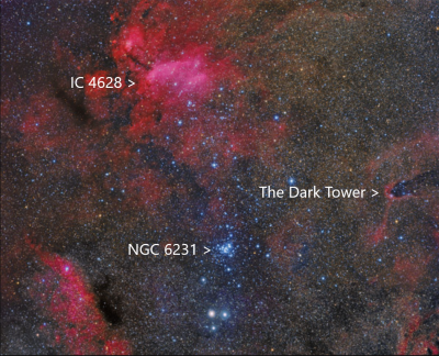 NGC 6231 IC 4628 and the Dark Tower members pcug org au SteveC.png