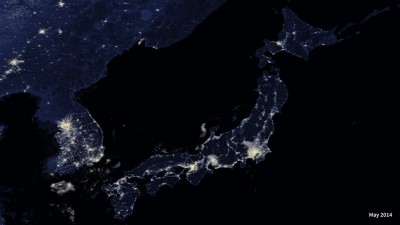 A nighttime view of Japan made by combining VIIRS DNB imagery with a colorized cloud-free MODIS image.