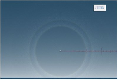 Halo simulation having same approximate FOV as Wah!, FOV ~80º x ~54º<br />- Red scale shows 10º (major) and 1º (minor) tick marks<br />- Inset shows edge-on view of crystal shape used in model<br />NOTE: Halo behavior is more sensitive to certain crystal shape parameters than others.<br />Displayed crystal shape may not be the exact, but I believe the central section must be absent